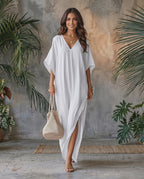 Solara Maxi Dress in lightweight chiffon, featuring a V-neck design and relaxed silhouette, perfect for warm weather by Lauven.