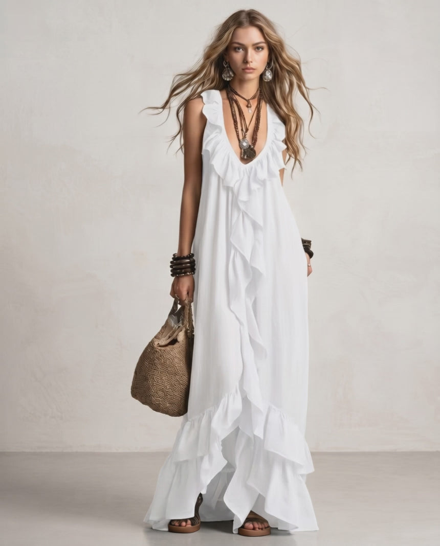 Solenne Maxi Dress by Lauven — chiffon sleeveless V-neck loose maxi dress with ruffle detail
