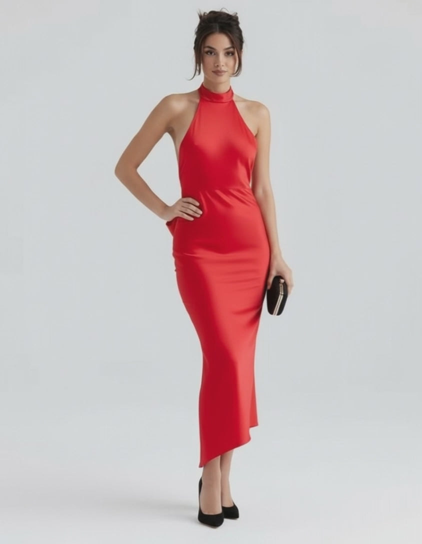 Celeste Maxi Dress by Lauven, elegant red satin evening gown with sleek silhouette and asymmetrical hemline.