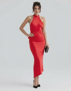Celeste Maxi Dress by Lauven, elegant red satin evening gown with sleek silhouette and asymmetrical hemline.