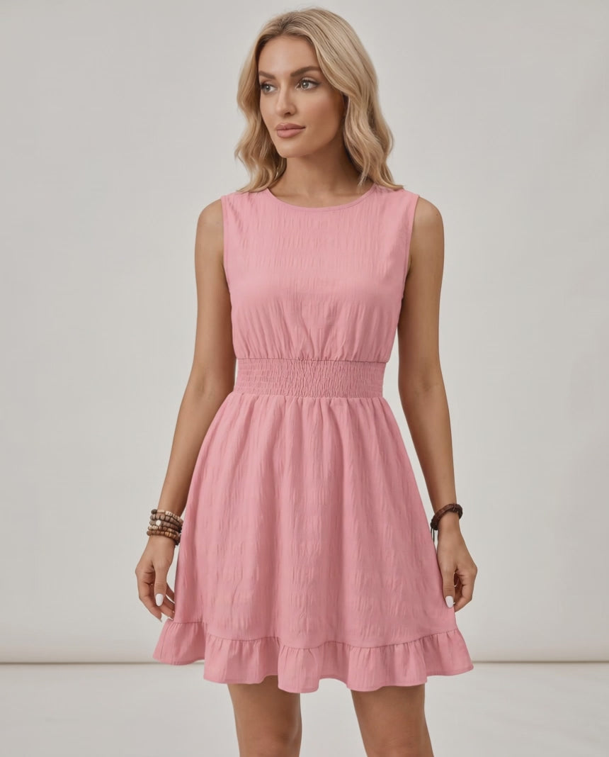 Lunara Mini Dress by Lauven — polyester sleeveless round neck A-line mini dress with smocked waist and ruffle hem