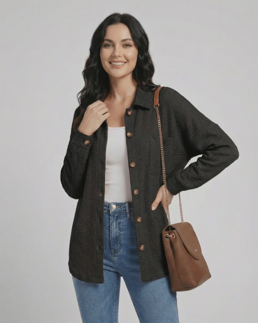 Milano Jacket by Lauven - Women's black waffle knit jacket with button front and casual fit.