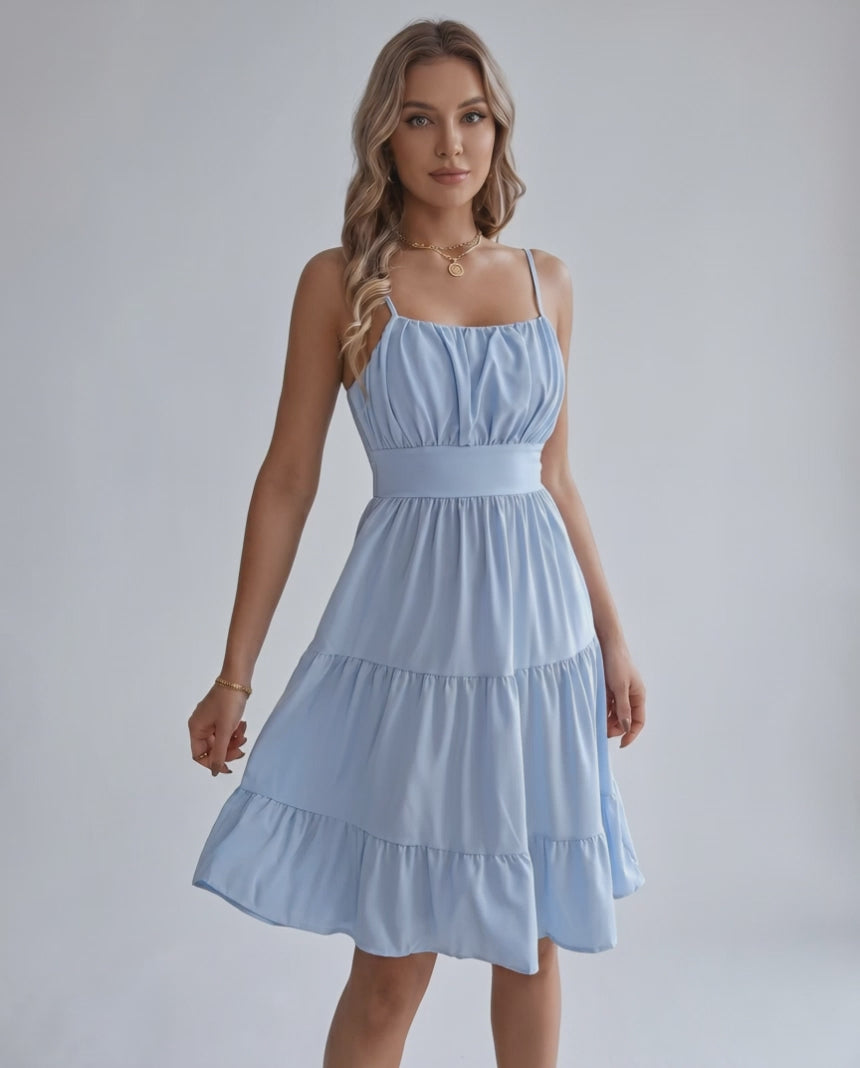 Lunara Midi Dress by Lauven — chiffon sleeveless square neck A-line midi dress