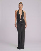 Aurelis Maxi Dress featuring a V-neck halter silhouette and gathered waist detailing by Lauven.