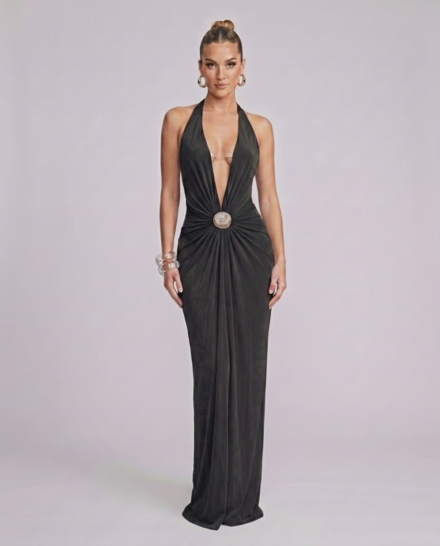 Aurelis Maxi Dress featuring a V-neck halter silhouette and gathered waist detailing by Lauven.