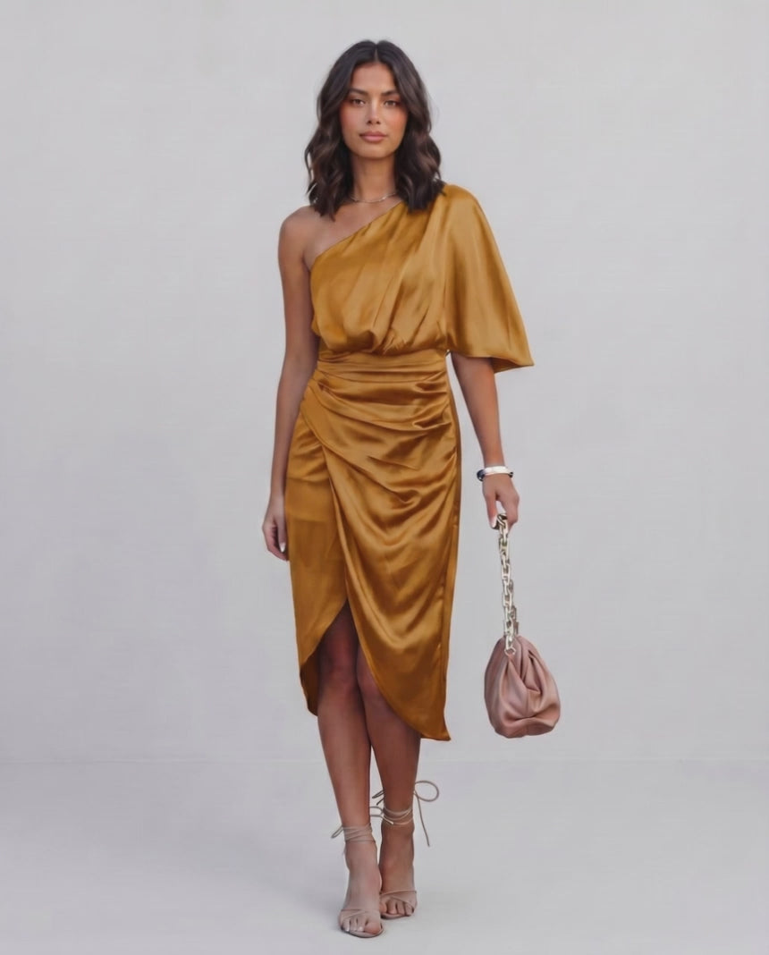 Veloura Midi Dress by Lauven — satin one shoulder draped midi dress with slit