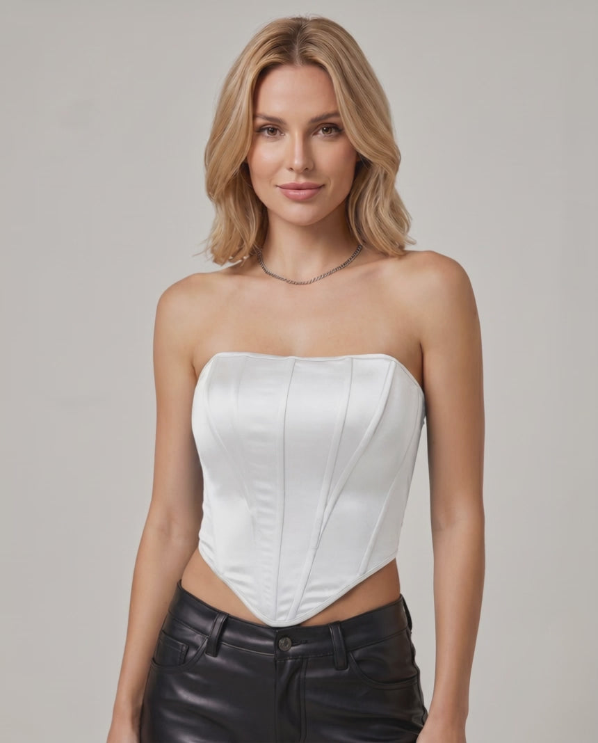 Veloura Corset Top by Lauven — women’s satin corset top strapless tube crop top with structured panel design