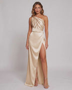 Veloura Maxi Dress by Lauven — satin one-shoulder mermaid maxi dress with slit
