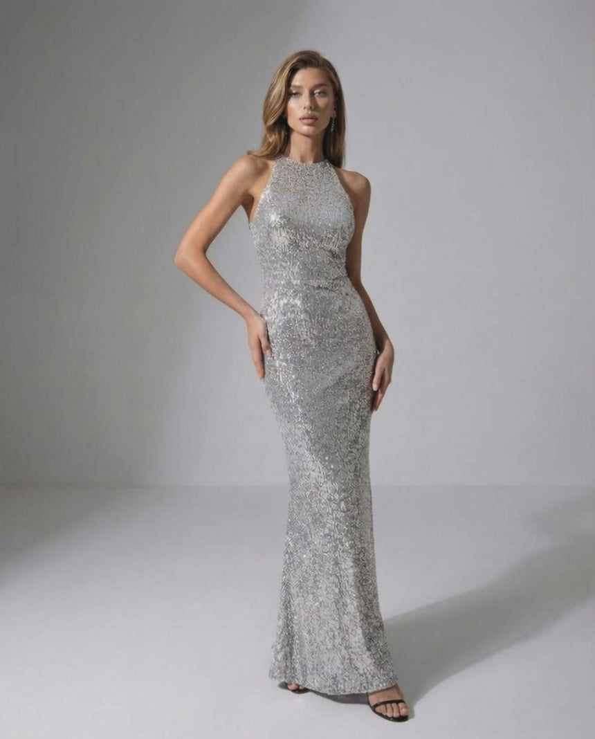 Celeste Maxi Dress - Silver Sequin Maxi Dress by Lauven with Halter Neck and Elegant Evening Silhouette
