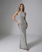 Celeste Maxi Dress - Silver Sequin Maxi Dress by Lauven with Halter Neck and Elegant Evening Silhouette