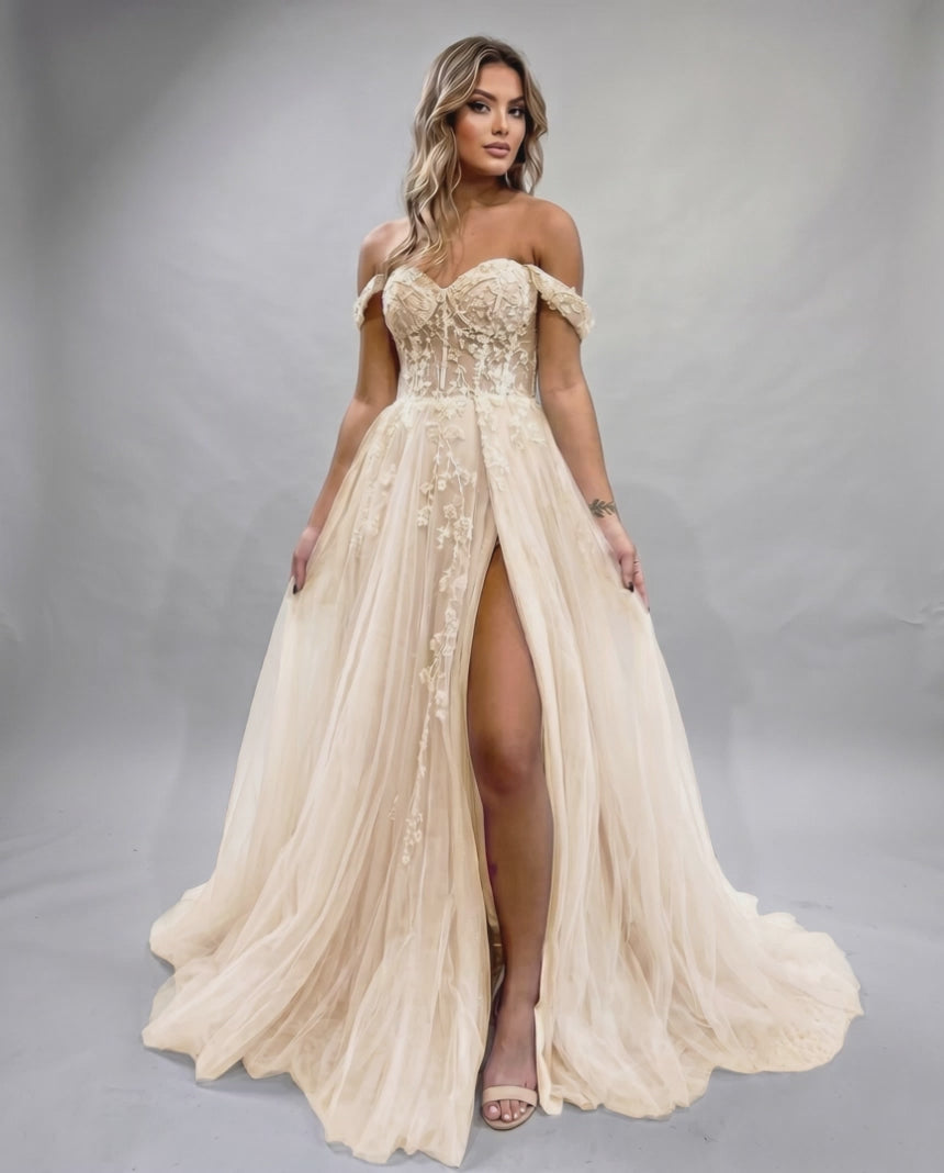 Celestia Maxi Dress by Lauven — tulle lace off-shoulder sweetheart A-line maxi dress