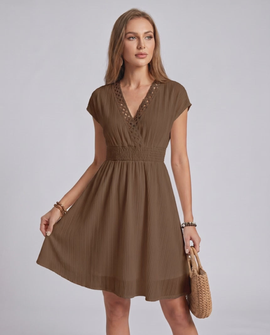 Elara Mini Dress by Lauven — chiffon blend short sleeve V-neck A-line mini dress with lace detail