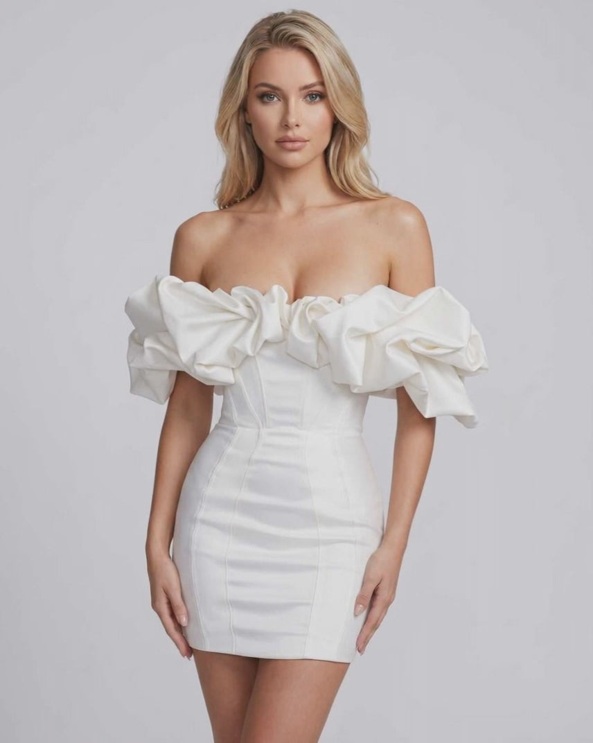 Aurelle Mini Dress by Lauven — polyester spandex flounce sleeve off-the-shoulder bodycon mini dress