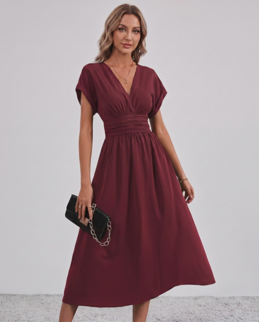 Aurea Midi Dress by Lauven — lightweight woven batwing sleeve V-neck A-line midi dress