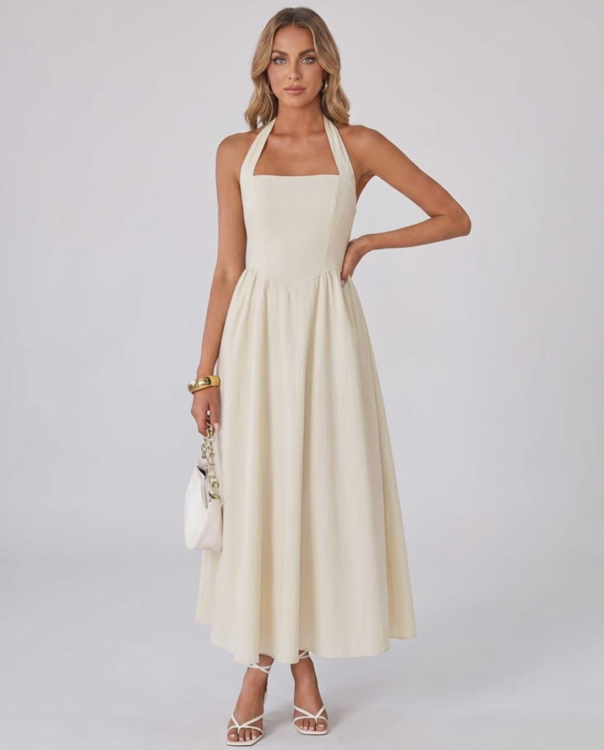 Veloura Midi Dress by Lauven — satin blend sleeveless square neck A-line midi dress