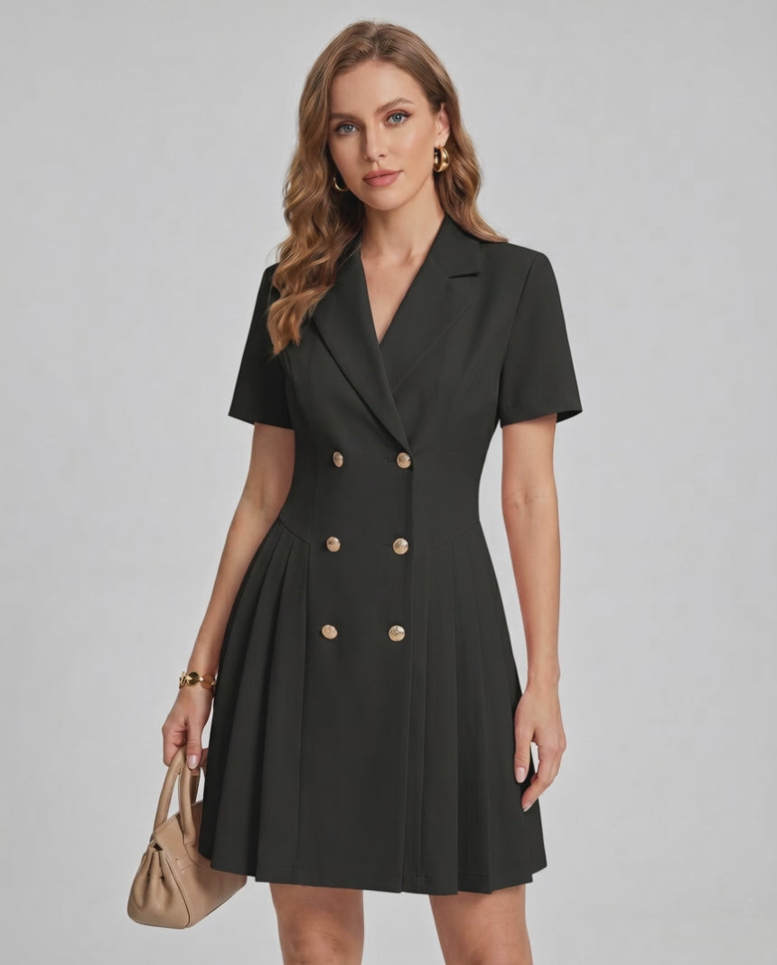 Veloura Mini Dress by Lauven — polyester blend short sleeve notched lapel tailored mini dress