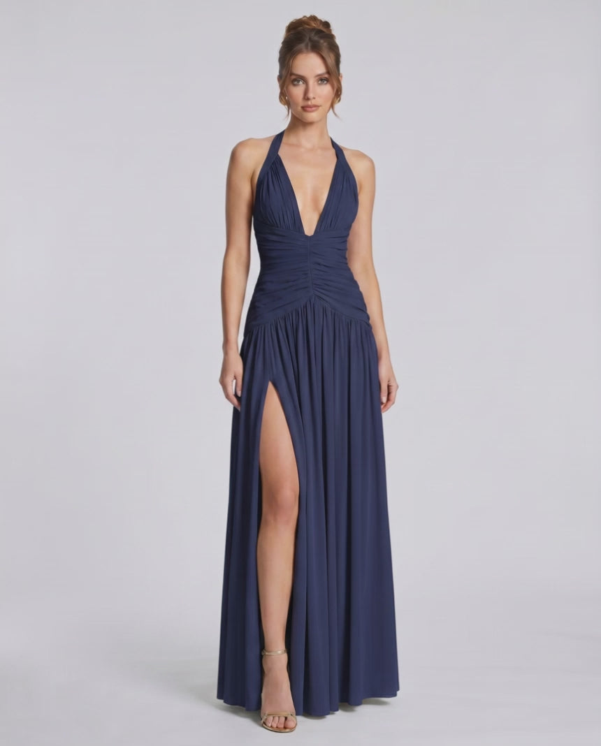 Veloura Maxi Dress by Lauven — stretch blend sleeveless deep V-neck ruched maxi dress