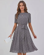 Veloura Midi Dress by Lauven — polka dot short sleeve o-neck A-line midi dress
