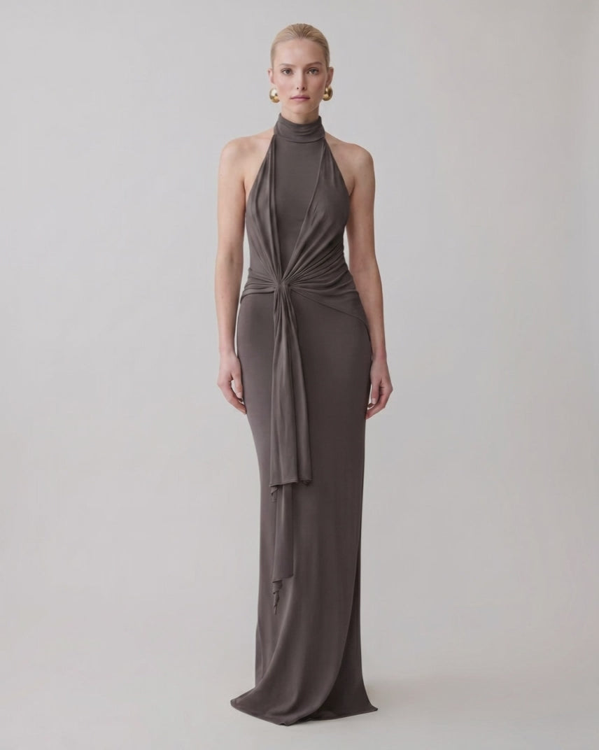 Serelle Maxi Dress by Lauven — polyester sleeveless halter neck fitted column maxi dress