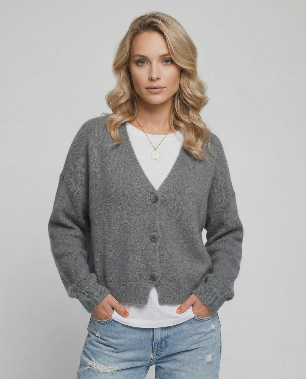 Slate Cardigan by Lauven - Classic grey knitwear with a relaxed fit and stylish design.