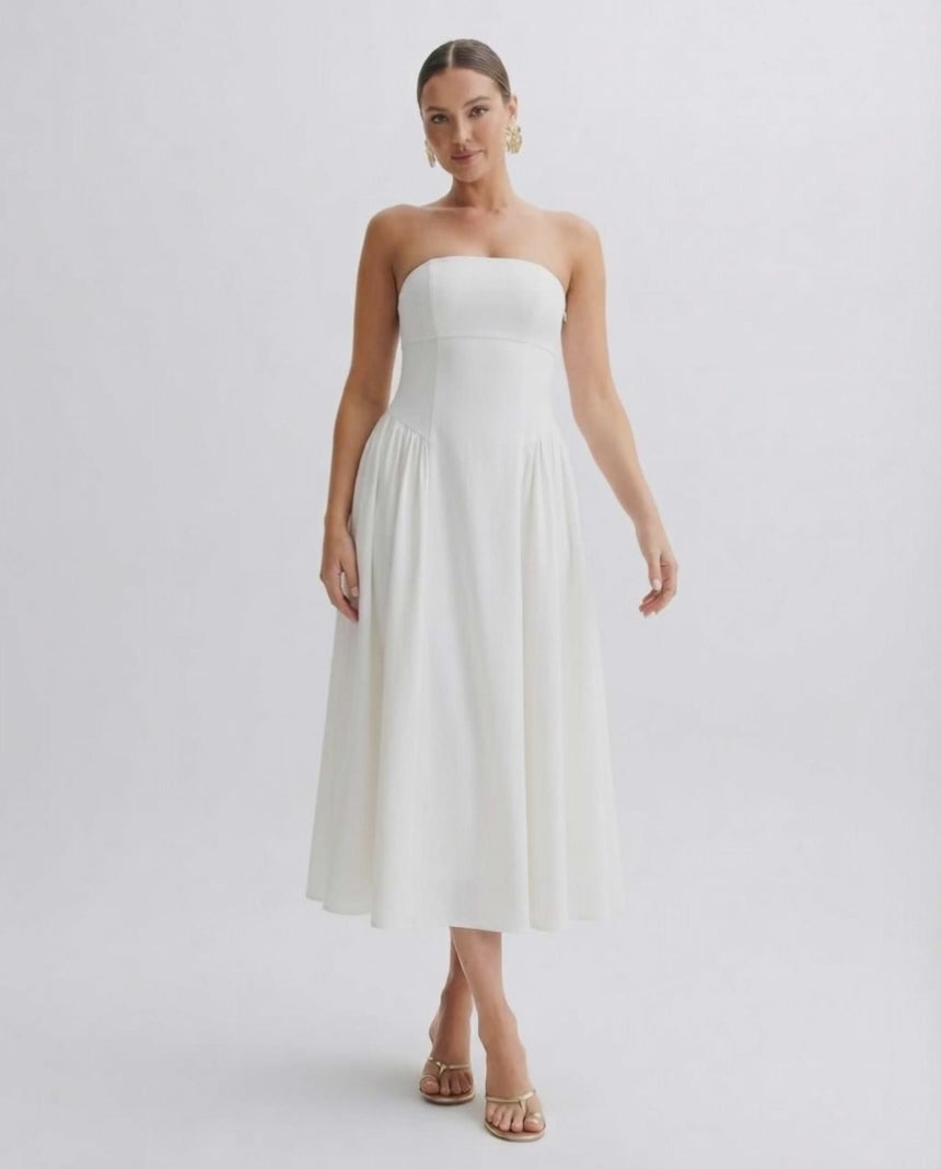 Elara Midi Dress - Strapless white pleated dress by Lauven, featuring a sculpted silhouette and elegant movement.