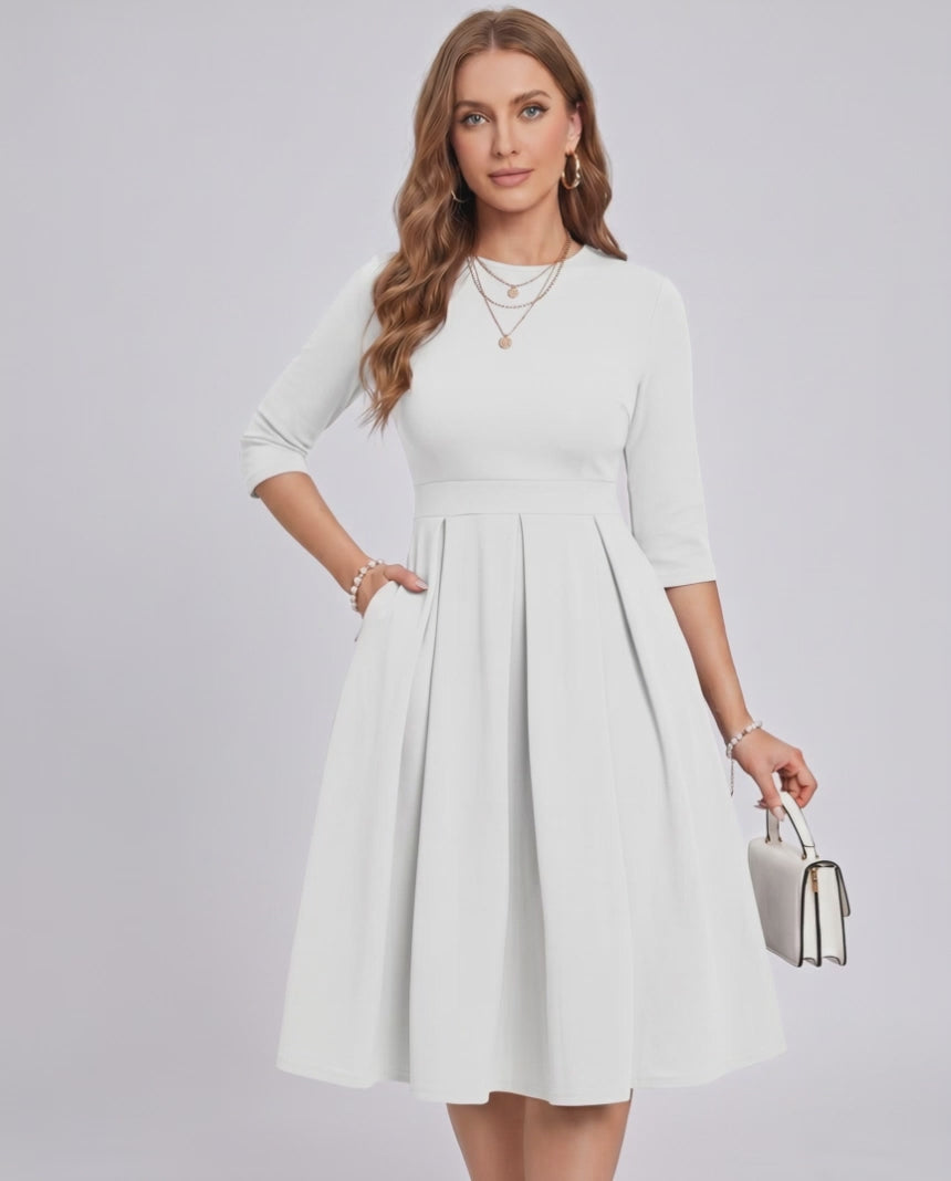 Aurielle Midi Dress by Lauven — polyester blend 3/4 sleeve crew neck A-line midi dress