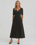 Velmira Midi Dress by Lauven — soft stretch short sleeve V-neck A-line midi dress