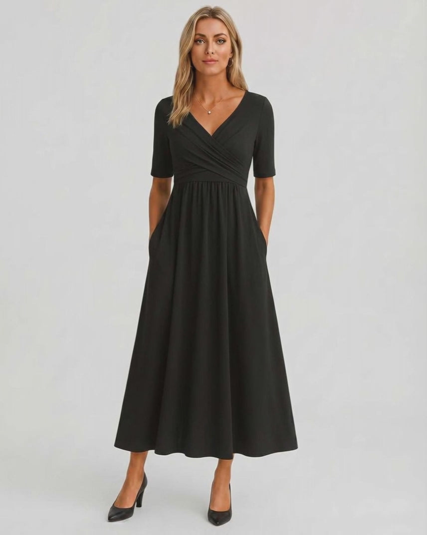 Velmira Midi Dress by Lauven — soft stretch short sleeve V-neck A-line midi dress