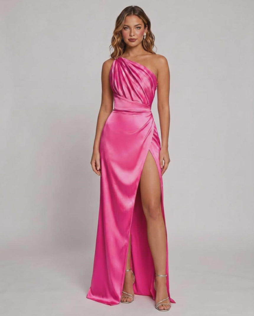 Veloura Maxi Dress by Lauven — satin one-shoulder mermaid maxi dress with slit