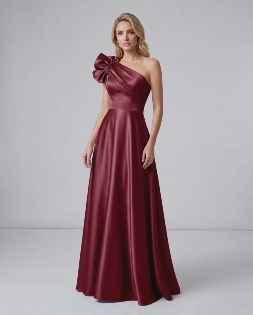 Aurevina Maxi Dress by Lauven — satin one shoulder A-line maxi dress with ruffle detail