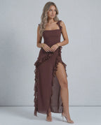 Lauven Celeste Maxi Dress - elegant brown sheer ruffle maxi dress with draped waistline and ruffled straps.