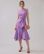 Serelune Midi Dress by Lauven — sleeveless satin midi dress with ruffle detail and fit flare silhouette