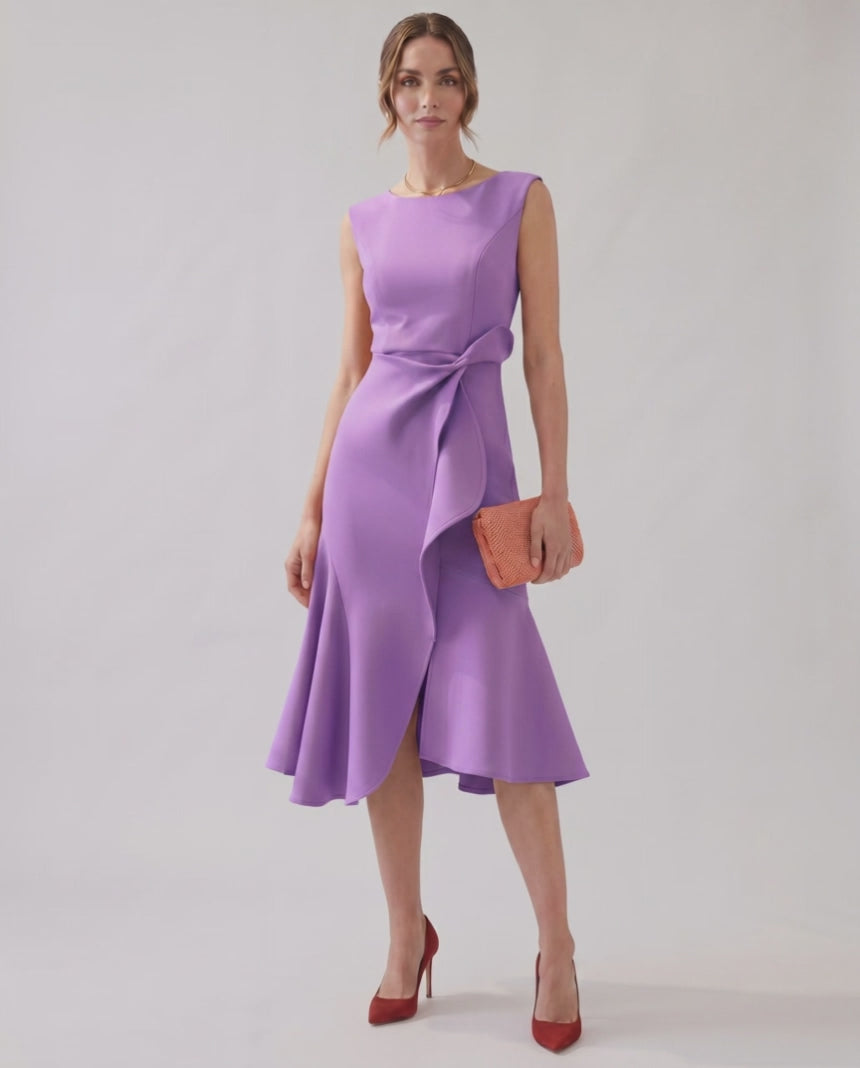 Serelune Midi Dress by Lauven — sleeveless satin midi dress with ruffle detail and fit flare silhouette