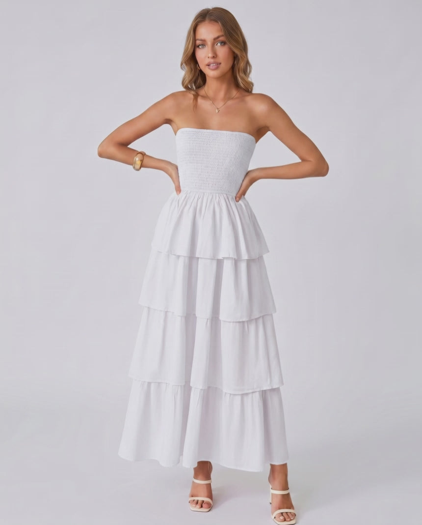 Solenne Maxi Dress by Lauven — lightweight sleeveless strapless tiered maxi dress