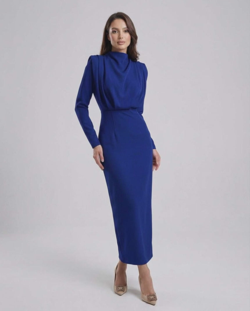 Lauven Indigo Midi Dress featuring a sleek trumpet silhouette and stand neckline, in elegant blue.