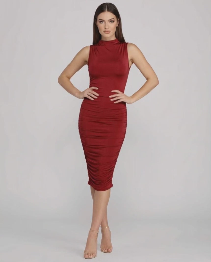 Lauven Ember Midi Dress in red, featuring sophisticated ruched knit and mock neck design.