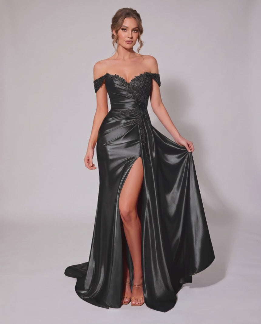 Veloura Maxi Dress by Lauven — satin off-shoulder sweetheart mermaid maxi dress