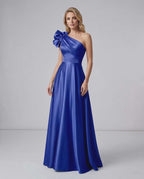 Aurevina Maxi Dress by Lauven — satin one shoulder A-line maxi dress with ruffle detail