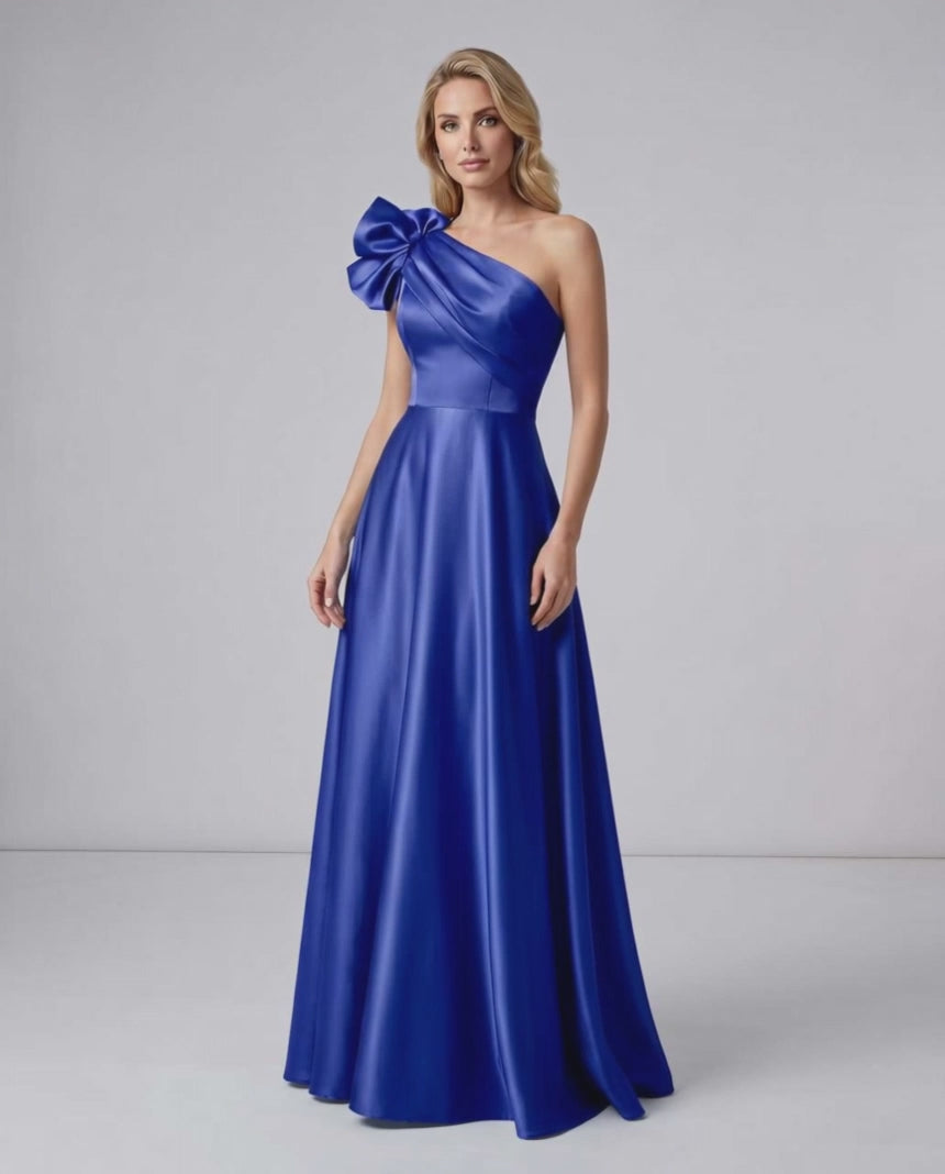Aurevina Maxi Dress by Lauven — satin one shoulder A-line maxi dress with ruffle detail