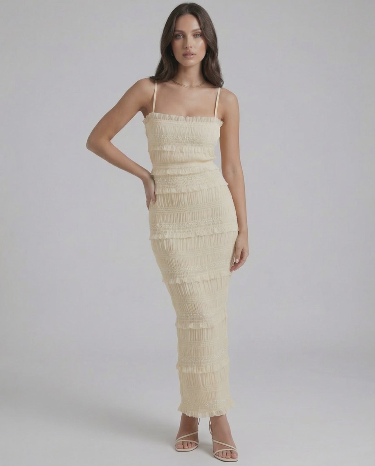 Celeste Maxi Dress by Lauven featuring a delicate sheath silhouette and spaghetti straps in soft ivory tone.