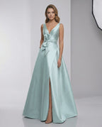 Seraphine Maxi Dress, mint green satin A-Line, V-neck, floor-length, elegant design by Lauven.
