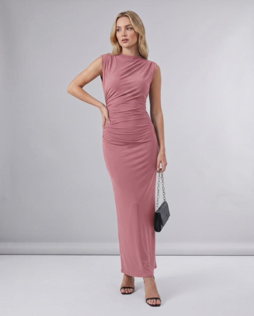 Aureli Maxi Dress by Lauven — stretch polyester sleeveless high neck fitted maxi dress