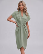 Veloura Midi Dress by Lauven — satin cap sleeve V-neck draped midi dress