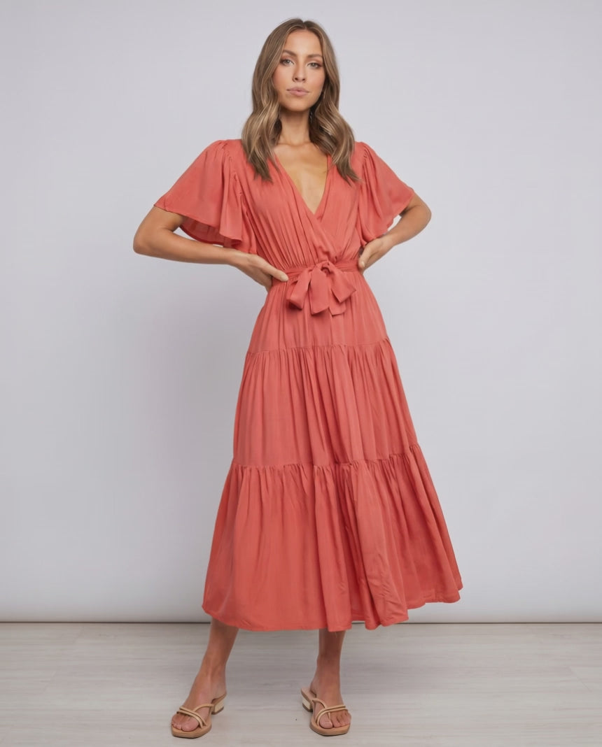 Solenne Midi Dress by Lauven — chiffon butterfly sleeve V-neck tiered midi dress