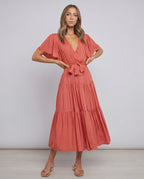 Solenne Midi Dress by Lauven — chiffon butterfly sleeve V-neck tiered midi dress