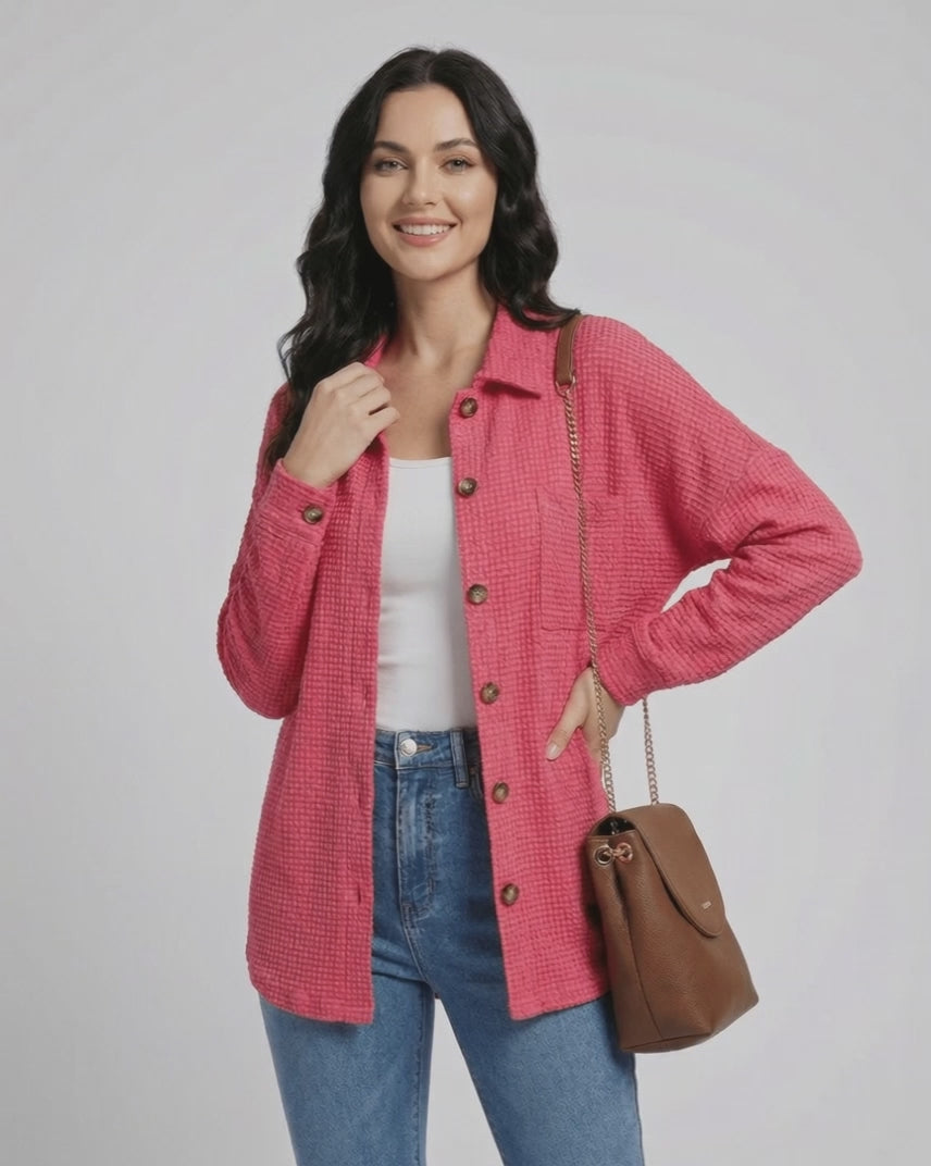 Women wearing a pink Verona Jacket by Lauven, featuring a waffle knit texture and casual longline fit.