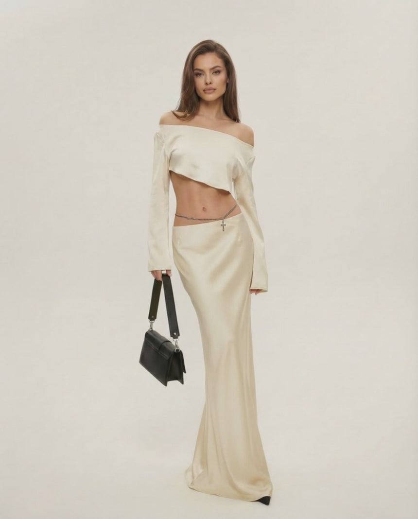 Aura Midi Dress by Lauven in luxurious champagne satin with off-shoulder design and sleek silhouette, perfect for upscale events.