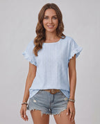 Veloura T-Shirt by Lauven — women’s textured ruffle sleeve T-shirt with round neck and eyelet detail