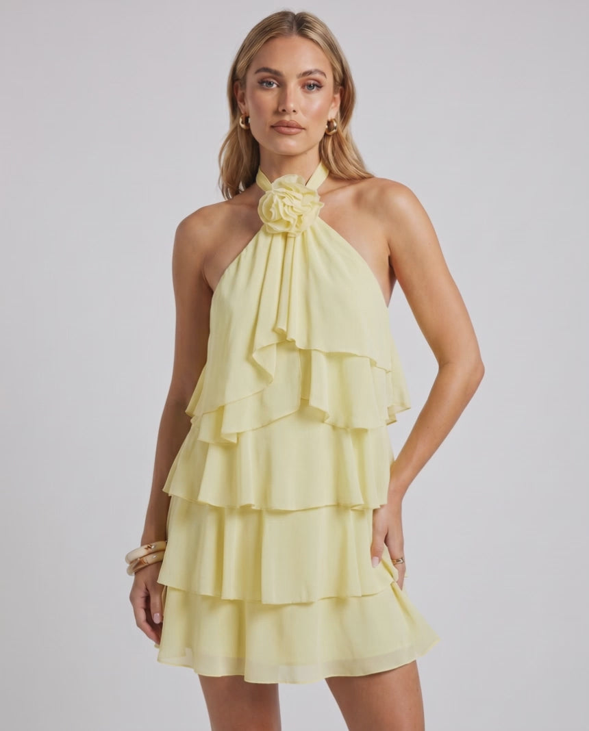 Roselle Mini Dress by Lauven — chiffon sleeveless halter neck tiered mini dress