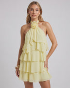 Roselle Mini Dress by Lauven — chiffon sleeveless halter neck tiered mini dress